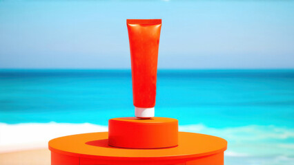 Round podium with a red tube of sunscreen standing on. The concept of protection against ultraviolet rays and the harmful effects of the sun on the skin