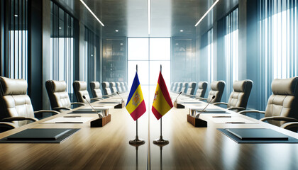 A modern conference room with Andorra and Spain flags on a long table, symbolizing a bilateral meeting or diplomatic discussions between the two nations.