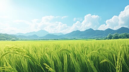 Fototapeta premium A field of vibrant, green rice ears bending gracefully in the wind, with a distant view of the mountains and a brilliant, cloudless sky, capturing the timeless beauty of agriculture.