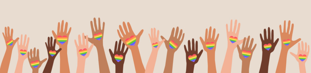 Abstract human arms and hands with LGBT rainwow hearts celebrate Pride month. Vector illustration 
