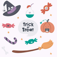 Halloween set witch hat, pumpkin, sweets, monster, skeleton. Characters and elements for halloween in cartoon style.