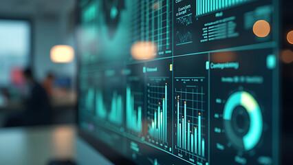 Close-up of a futuristic digital interface with graphs and charts, representing data analysis and business innovation