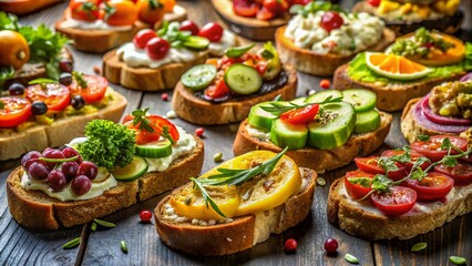 Naklejka premium Deliciously Crispy Tostas with Fresh Toppings on a Wooden Board Ready to Serve for Any Occasion