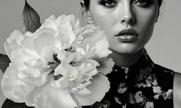 Collage of women's portraits in black and white jacket and white peony Video