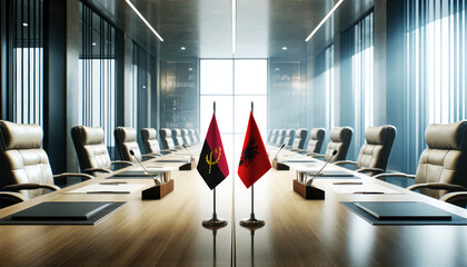 A modern conference room with Angola and Albania flags on a long table, symbolizing a bilateral meeting or diplomatic discussions between the two nations.