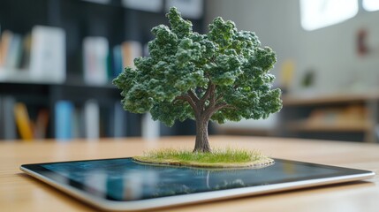 augmented reality in the classroom with a tablet displaying a hologram of a tree offering an innovative and engaging way for kids to learn biology and nature through interactive digital learning tools