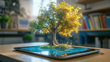 augmented reality in the classroom with a tablet displaying a hologram of a tree offering an innovative and engaging way for kids to learn biology and nature through interactive digital learning tools
