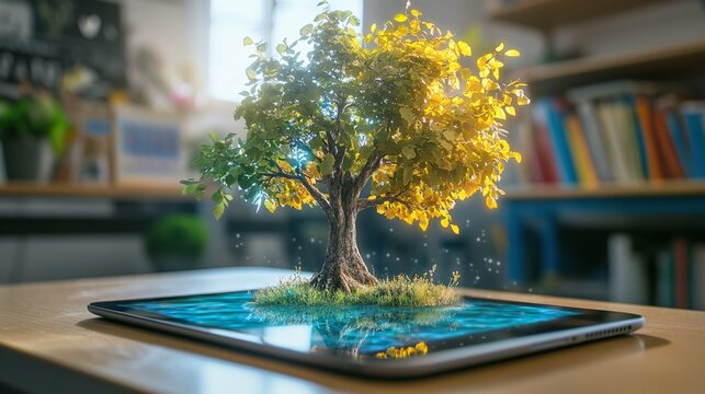 augmented reality in the classroom with a tablet displaying a hologram of a tree offering an innovative and engaging way for kids to learn biology and nature through interactive digital learning tools