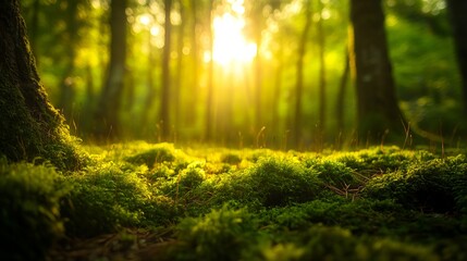 Fototapeta premium The sun is shining through the trees in the forest