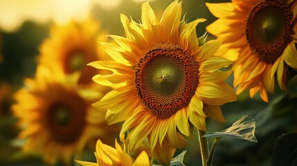 A close-up of sunflowers with bold lines and a warm color palette of yellows and oranges, capturing the vibrant and energetic essence of summer.