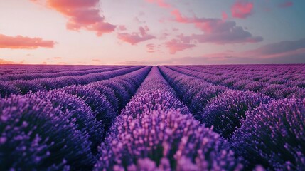 Fototapeta premium Lavender field with sunset and cloudy sky in foreground
