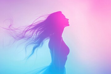 Naklejka premium Blurred silhouette of a dancing woman against a light blue and purple gradient background