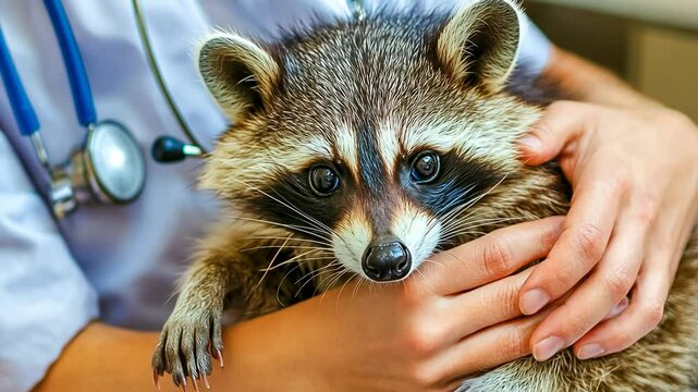 A veterinarian cradles a racoon in a cozy veterinary clinic. The racoon appears calm and inquisitive as the vet, dressed in a white coat with a stethoscope, performs a checkup. The mood is