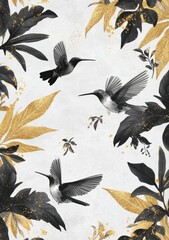 Black and white illustration of tropical leaves, black hummingbirds with gold glitter accents