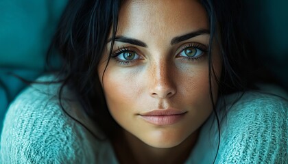 A close up of a woman with blue eyes
