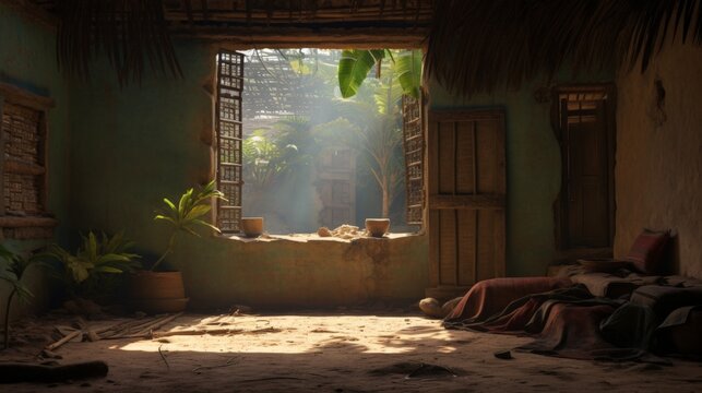 Ancient Style Clay House Living Room Window Created with Generative AI Technology
