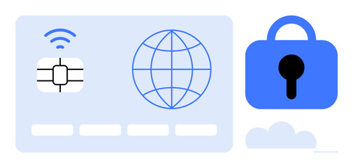Credit card with chip, globe, blue lock, and a cloud. Ideal for digital security, online payments, global connectivity, financial protection, and modern technology. Minimalist blue and white style
