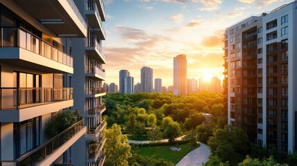 Obraz premium A modern cityscape with high-rise apartments overlooking a beautifully landscaped urban park at sunset