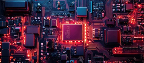 Fototapeta premium Illuminated Circuit Board with Central Processor and Glowing Traces