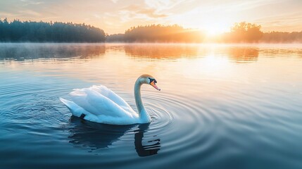   A white swan gliding atop a lake beside a foggy forest with the sun shining behind