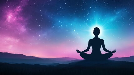 Silhouette of woman in a lotus position against a background of a starry colorful gradient sky, a concept for yoga practice or meditation
