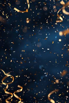 Elegant Abstract Birthday Background with Gold Confetti and Streamers on Navy Blue