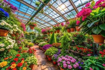 Lush Greenhouse Filled with Vibrant Plants and Flowers Under Clear Glass Structure and Natural Light