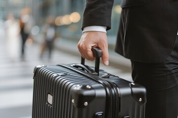 Close-up of Businessman Holding a Suitcase Handle in an Airport