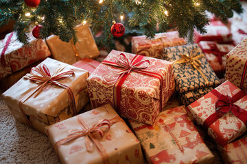  A pile of beautifully wrapped in craft paper Secret Santa gifts under a Christmas tree in an office, still life photography, festive colors, soft ambient lighting
