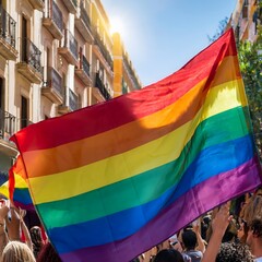 Pride Flag Waving Against Blue Sky