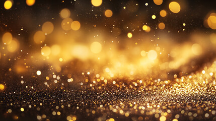 Abstrakcyjne tło z czarnymi odcieniami i migoczącymi złotymi światłami tworzy oszałamiający efekt wizualny. Złote drobinki, w efekcie rozmycia, wydają się unosić w powietrzu, dodając głębi i wrażenia 