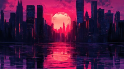 A visual representation of an abstract cityscape silhouette against a vibrant sunset, reflecting off a wet surface