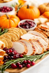 Thanksgiving charcuterie board featuring turkey slices, rosemary crackers, and cranberry studded cheese