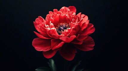   A close-up of a red flower on a black background, featuring a bee perched atop its center