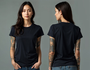 Front and back view female young woman black plain t-shirt mockup model with tattooed arms, studio photography