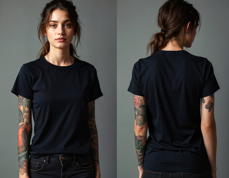 Front and back view female young woman black plain t-shirt mockup model with tattooed arms, studio photography