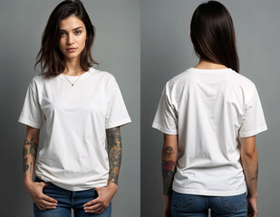 Front and back view female young woman white plain t-shirt mockup model with tattooed arms, studio photography