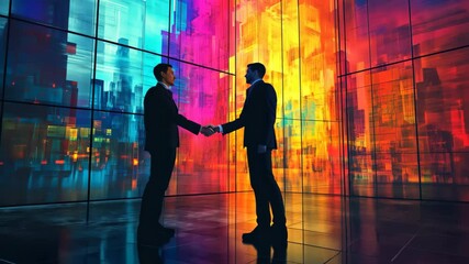 Zoom in 4K business handshake silhouette against vibrant neon cityscape reflecting global cooperation and innovation - Powered by Adobe