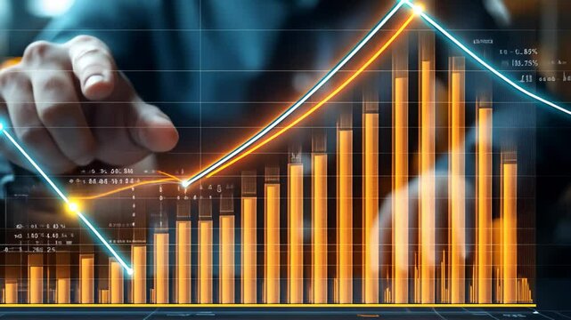 Digital business growth chart with businessman hand pointing at upward trending financial graph and data visualization