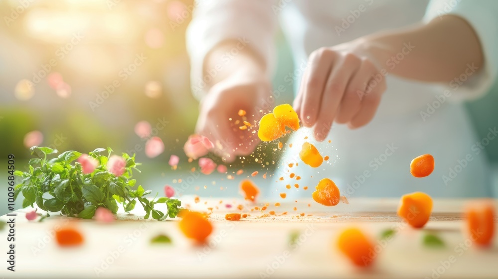 Wall mural A chef prepares a vegan meal with colorful and nutritious ingredients, showcasing the growing popularity of plant based diets.