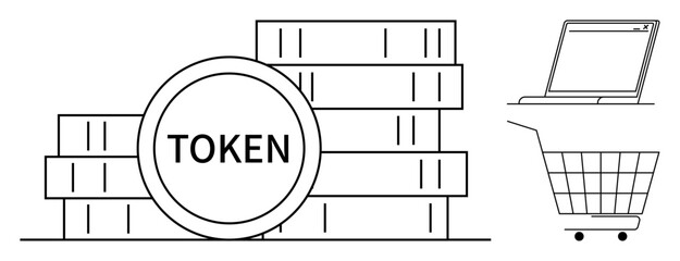 Tokens stacked with a shopping cart and laptop. Ideal for digital transactions, investing, online shopping, cryptocurrency, fintech. Black and white minimalistic line art