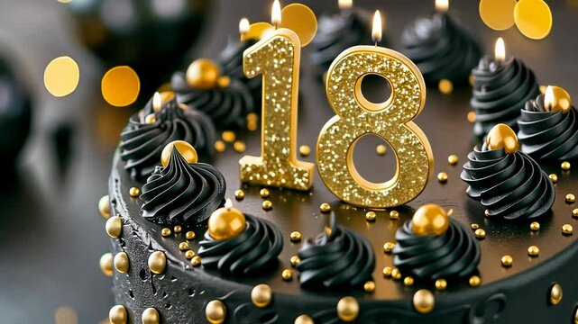 A black cake showcasing the "18" topper, adorned with golden decorations, frosting, and bokeh lights. The celebratory mood suggests a milestone birthday event, underlined by elegant, sophisticated