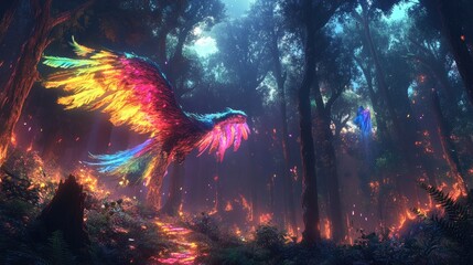 A Rainbow-Colored Phoenix Soaring Through a Mystical Forest