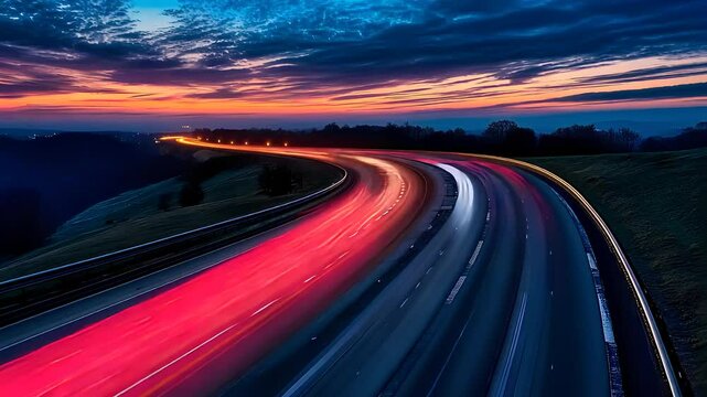 Highway with Light Trails at Twilight Showing Speed and Motion

