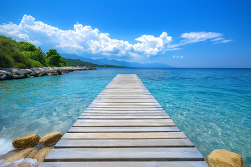 Obraz premium Wooden Pier Stretching into Clear Blue Ocean Under Bright Sky for Tranquil Coastal Getaway