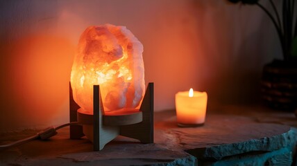 Himalayan salt lamp, Lit candle next to lamp, Warm and cozy interior homeware.