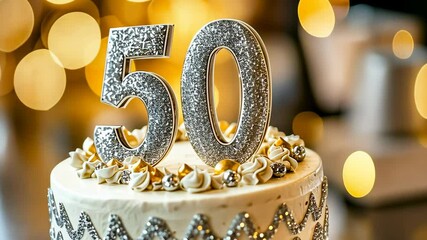 A close-up of a 50th birthday cake with silver glittery numbers on top and decorative patterns. The background features warm bokeh lights. Celebratory mood, party atmosphere, festive setting.