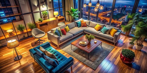 Stylish Modern Furniture Arrangement from Above in a Cozy Living Room Setting with Decorative Accents