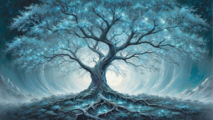 Teal glowing tree in the night