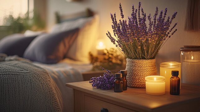 natural sleep optimization with lavender and essential oils, a serene bedside table setup featuring candles and calming scents, ideal for stress relief and promoting a restful night